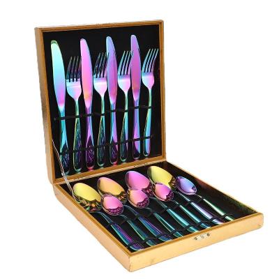 China Best Selling Mirror Polished Gift Box Sustainable 16 Piece Stainless Steel Dinnerware Set With Wooden Box for sale