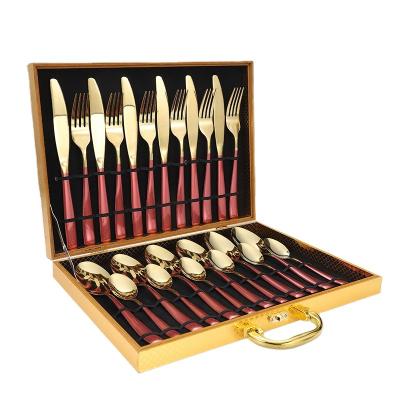 China Viable Best Selling 24 Piece Sets Of Stainless Steel Mirror Polished Gold Wooden Box Cutlery Set Stainless Steel for sale