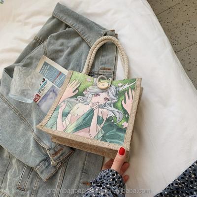 China Wholesale Cheap Tote Bag Women Girls Beach Handbag Printed Canvas Tassel With Custom Logo Eco-friendly Jute for sale