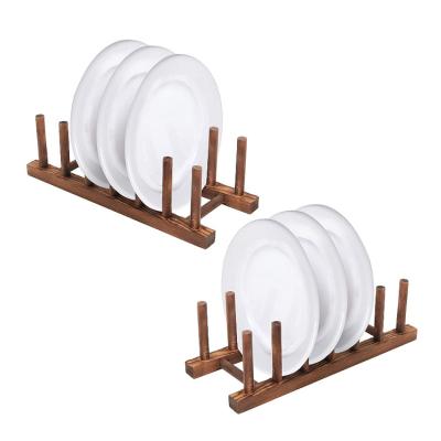 China Sustainable Rustic Brown Wooden Kitchen Dish Set Of 2 Kitchen Countertops Display Rack 6 Slots Drying Rack for sale