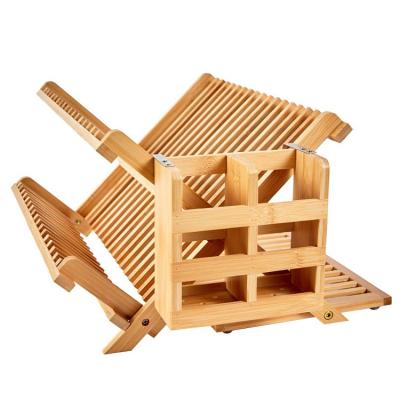 China Sustainable Wholesale Kitchen Countertop Utensil Rack Bamboo 3 Tier Foldable Dish Drying Rack for sale