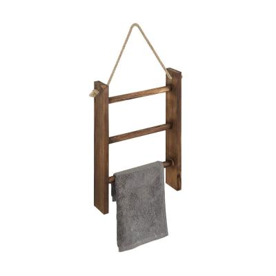 China Sale 3 Tier Hand Ladder Towel Rack Bathroom Bedroom Viable Warm Brown Wooden Wall Towel Rack for sale