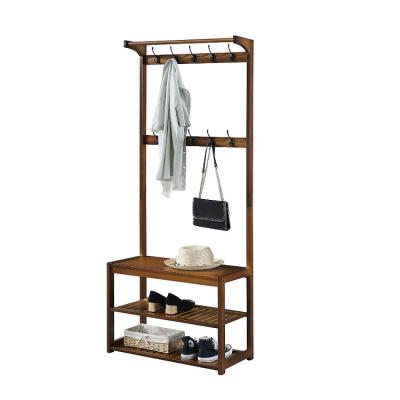 China Modern Custom 3-in-1 Design Bamboo Coat Rack Shoe Bench Entryway Clothes Stands Shoe Racks for sale