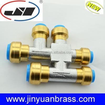 China Double Cross Brass Brass 16mm 20mm Tee Reducer Combination Push Fit Fitting Tee Branch Pipe Tee for sale