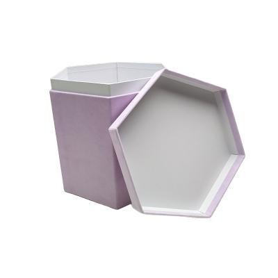 China Handmade Purple Pink Velvet Paper Gift Box Suede Hexagon Packaging Box For Flower Bouquet for sale