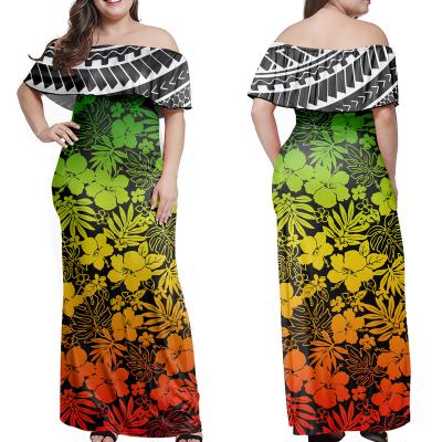 China 2022 New Arrivals Custom Anti-Static Polynesian Off Shoulder Short Sleeve Casual Dress Pattern Hawaiian Floral Tweed Dress for sale