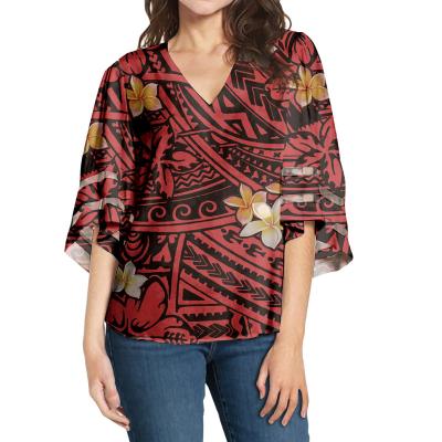 China Custom QUICK DRY Long Sleeve Chiffon Ladies Colorful Polynesian Floral Women Blouses Fabric Tops Blouse for sale