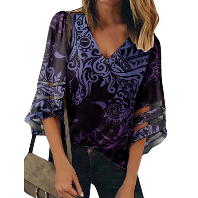 China Custom Low Price QUICK DRY Custom Polynesian Traditional Tribal Women Printed Long Sleeve Chiffon Shirts Sexy V Neck Ladies Tops Blouse for sale