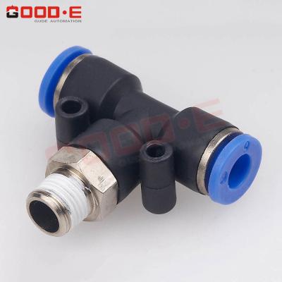 China Easy To Connect PB A Black Round Type Pneumatic Touch Push Flange Zinc Plastic Air Tee Fitting for sale