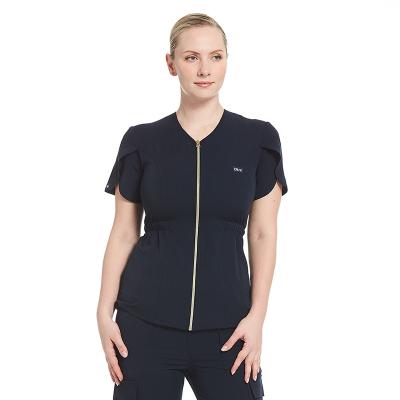 China Stretch / Thin Film Jacket Tops Stylish Women Doctor Work Wear T-Shirt Slim Fit Short Sleeve Tops Hospital Beauty Salon Scrub Tops Ladies Front Zip for sale