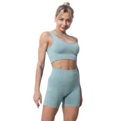 China Breathable the most popular yoga wear set halter vest sports fitness one shoulder bra shorts yoga suit for sale