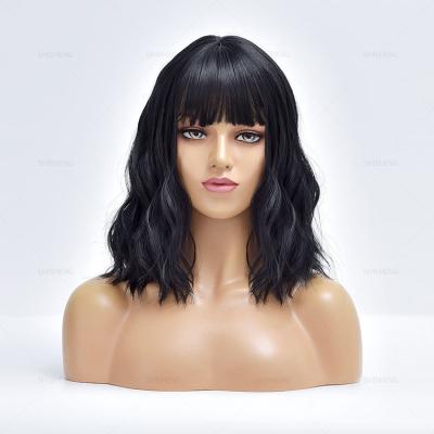 China SHI SHENG Natural Short Curly Bob Body Wave Black Wig With Bangs Wigs For Color Women Charming Wavy Synthetic Wigs for sale