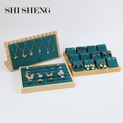 China Morden SHI SHENG New Arrival Wooden Jewelry Tray Green Jewelery Organizer Storage Display Rack for sale