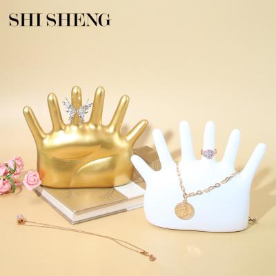 China SHI SHENG New Style Resin White Gold Mannequin Hand Shape Finger Jewelry Display Stand Eco-friendly Hand For Ring Bracelet Bangle Holder for sale