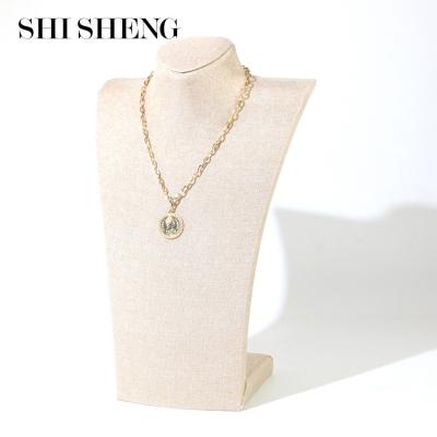 China SHI SHENG Best Price 14In Luxury Beige Canvas Mannequin Bust Necklace Display Stand For Window Props Show Jewelry Store Storage for sale