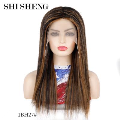 China SHI SHENG Cheap Long Straight Black Silky Wave Bleach And Light Brown Dye Synthetic Lace Front Wig For Black Women Heat Resistant for sale