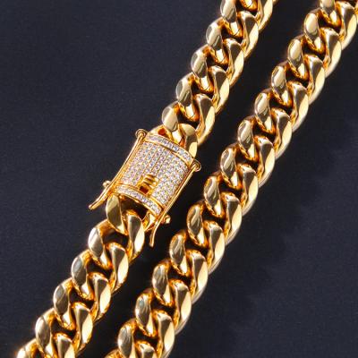 China Hiphop/Rock 14k Gold Plated With Diamond Clasp Stainless Steel Thick Miami Cuban Link Necklace Chain Mens Lab for sale