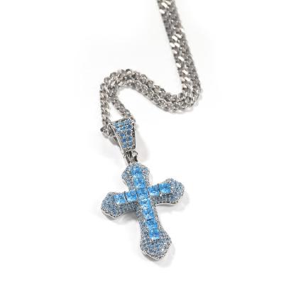 China 2022 New Design Fashion Hiphop / Rock Bling Blue Zirconia Cross Hip Hop Pendant Necklace for sale