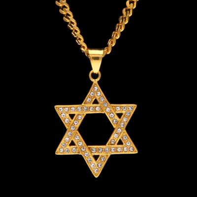 China Hiphop Cuban Link Chain Star Of David Necklace HipHop Titanium Steel Gold Plated Pave Crystal Pendant Necklace for sale