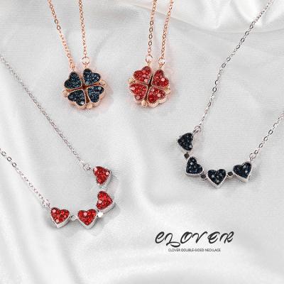 China FASHIONABLE Hot Sale Red and Blue Link Heart Necklace Clover Leaf Diamond 4 Full Face Gold Double Folding Necklace for sale