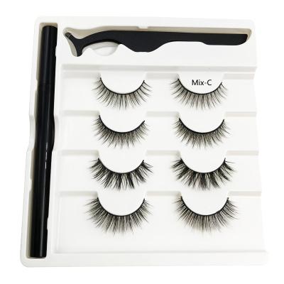 China Natural Instant Girl 4 Pairs 3D Mink Eyelashes Magic Eyeliner Self Adhesive Eyelashes Set with Tweezers for sale