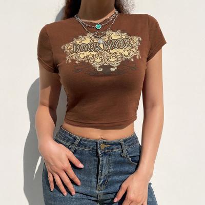 China European and American New Summer Retro QUICK DRY Pattern Brown Thin Fashion Printed Cropped Shirt Women's Short Sleeve Shirt Top for sale