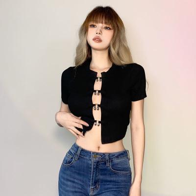 China New Solid Color Simple Casual Street Hollow Anti-wrinkle Summer T-shirt Sexy Women's Crop Tops for sale