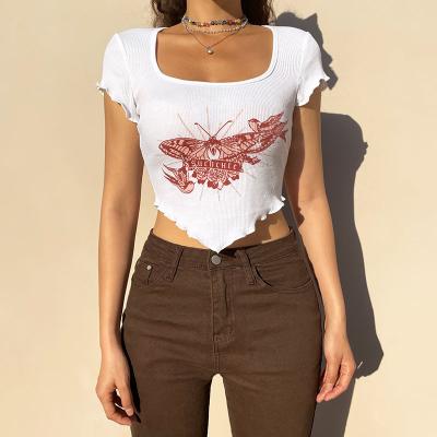 China 2022 Summer New Unique Anti-wrinkle Women's Streetwear Crop Tops Graphic Print Women's Sexy Irregular Women's Slim Tank Top for sale