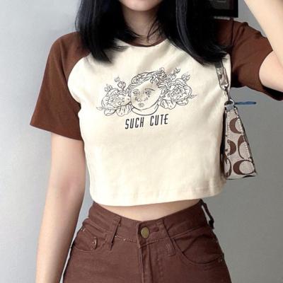 China Anti-wrinkle Fashion Mini Cute Women Summer Contrast Letter Print Crewneck T-shirt Shorts Sheath Vintage Cropped Graphic Tee for sale