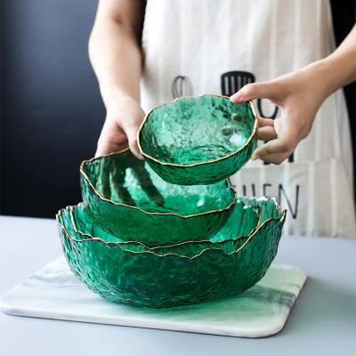 China Viable irregular household fruit bowl hot sale salad bowl multi-functional green color dessert glass bowl for sale