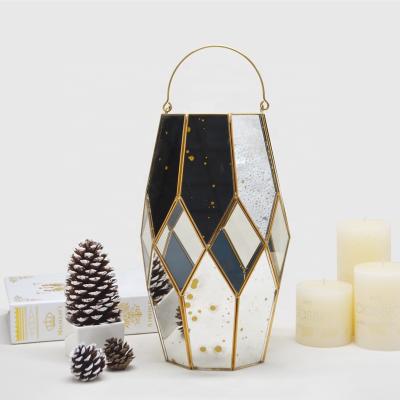 China Home/Garden ASK YOURSELF Copper Octagonal Diamond Shaped Retro Gold Mirror Storm Candle Lantern for sale