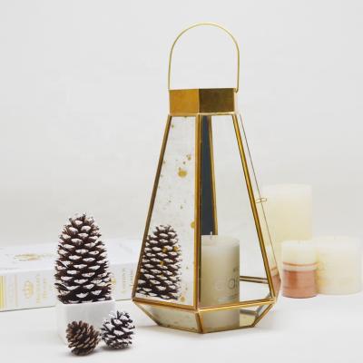 China Home/Garden ASK Retro Hexagonal Glass Candle Lantern Storm Mirror Gold Hand Held Candlestick for sale