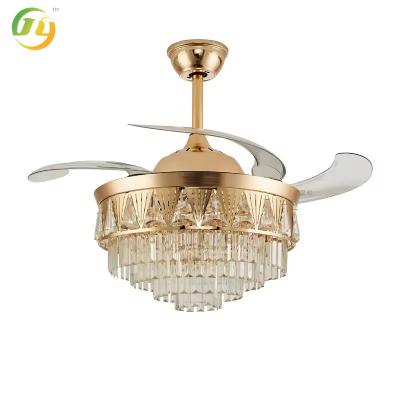 China Luxury Golden 42'' LED Remote Control Crystal And Metal Fancy Pendant Lamp Modern Home Crystal Ceiling Fan With Light for sale