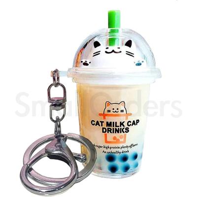 China Plastic Promotional Cute Liquid Bubble Tea Bubble Tea Cat Boba Cat Key Chain Gift Key Chain Llaveros Acrylic PVC Key Chain Accessories for sale