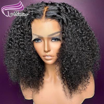 China Alimina Deep Curly Full Hair Short End Wigs, 100% Hd Lace Frontal Wigs Lead Natural Human Hair Lace Wigs, Brazilian 4x4 Lace Closure Wigs for sale