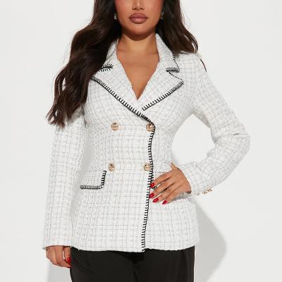 China High Quality Breathable Lapel Collar Front Button Closure Women Tweed Casual Blazer for sale