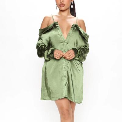 China Breathable Long Sleeve Off The Shoulder Adjustable Spaghetti Straps Satin Mini Shirt Dress for sale