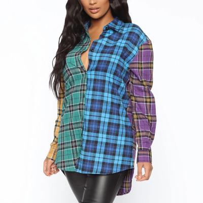 China Breathable High Quality Long Sleeve Womens Color Block Plaids Oversized Shirt for sale