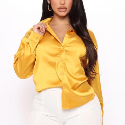 China Breathable High Quality Custom Women Long Sleeve Tops Casual Blouse Yellow Satin Shirt for sale