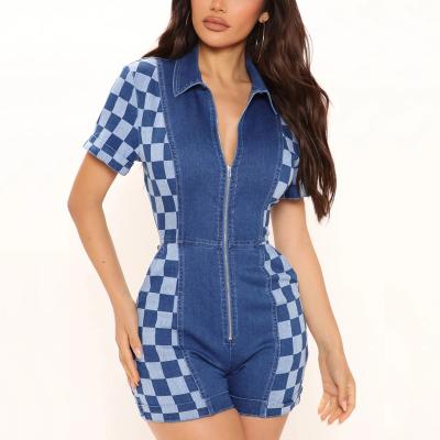 China Front Zipper Hot Shorts Checkered Anti-pilling Functional Denim Top Short Sleeve Romper for sale