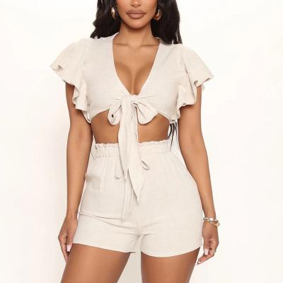 China Breathable Front Crop Top Women Ruffle Flutter Sleeve Short Tie Upper Elastic Waist Shorts Canvas 2 Piece Set for sale