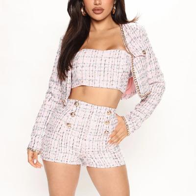 China Long Sleeve Chain Detail Breathable Tweed Cropped Blazer Jacket Tube Top High Waist Hot Shorts 3 Piece Set for sale