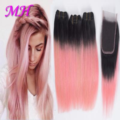 China Pink Silky Straight Wave Hair Weave Bundles Pink Hair Dye Ombre Hair Extension Lace Closure for sale