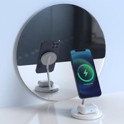 China Magnetic Connect Lessmore OEM ODM Portable Magnetic Wireless Charger 2 in 1 Qi 15W Fast Magnetic Charger Stand for sale