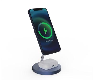 China Magnetic Connect Lessmore OEM ODM Portable Magnetic Wireless Charger 2 in 1 Qi 15W Fast Magnetic Charger Stand for sale