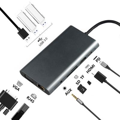 China Mobile Devices .desk Computer Type C Hub 10 in 1 Port 4K HD TV MI Charger 3 USB3.0 5Gbps USB Port Hub Adapter with RJ45 SD Computer Docking Station TF for sale