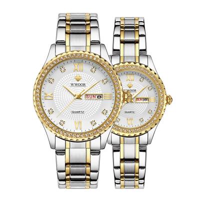 China Hot Sale WWOOR 8856 Auto Date Couples Wristwatches Design Stainless Steel Luxury Band 3atm Waterproof Quartz Watches For Lovers for sale