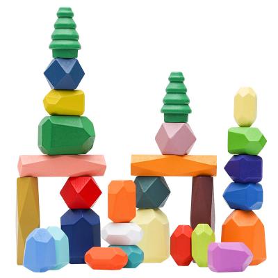 China Construction Toy Wooden Rainbow Stones Building Blocks Colorful Wooden Toy Block Stacker Balancing Games Montessori Educational Toys For Children for sale