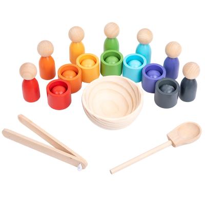 China Pine Wood Montessori Toddler Color Sorter Early Learning Wooden Game Set For Fine 7 Color Ball And Cup Classification Cup Matching Toy Gift for sale