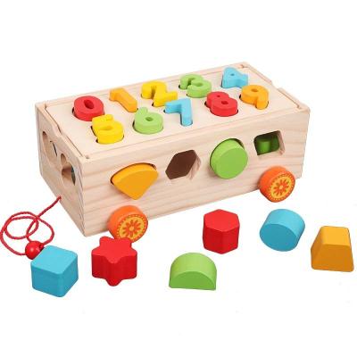 China New 17 Hole Wooden Puzzle Digital Shape Intelligence Box Trailer Early Learn Cube Game Baby Match Learning Educational Wooden Toy for sale